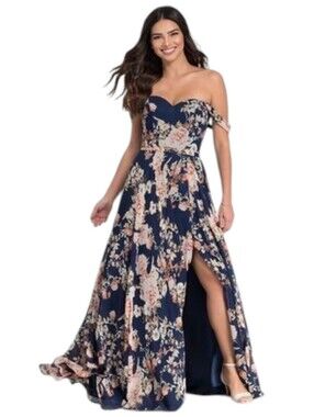 Kleinfeld Navy Blue Floral Maxi Dress Tie Waist Size 16 NWT